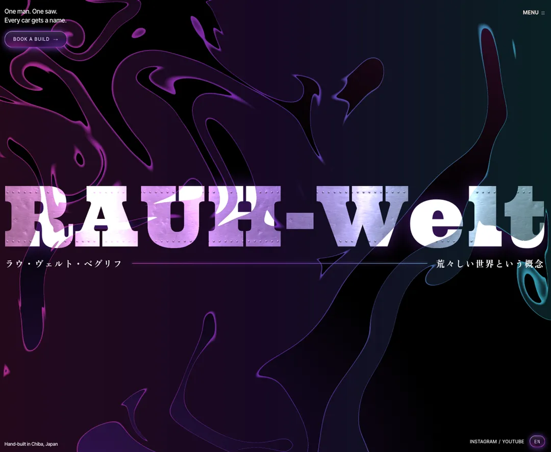 Propuesta para RAUH-Welt Begriff: el titular «RAUH-Welt» en blanco sobre trazos de neón violeta.